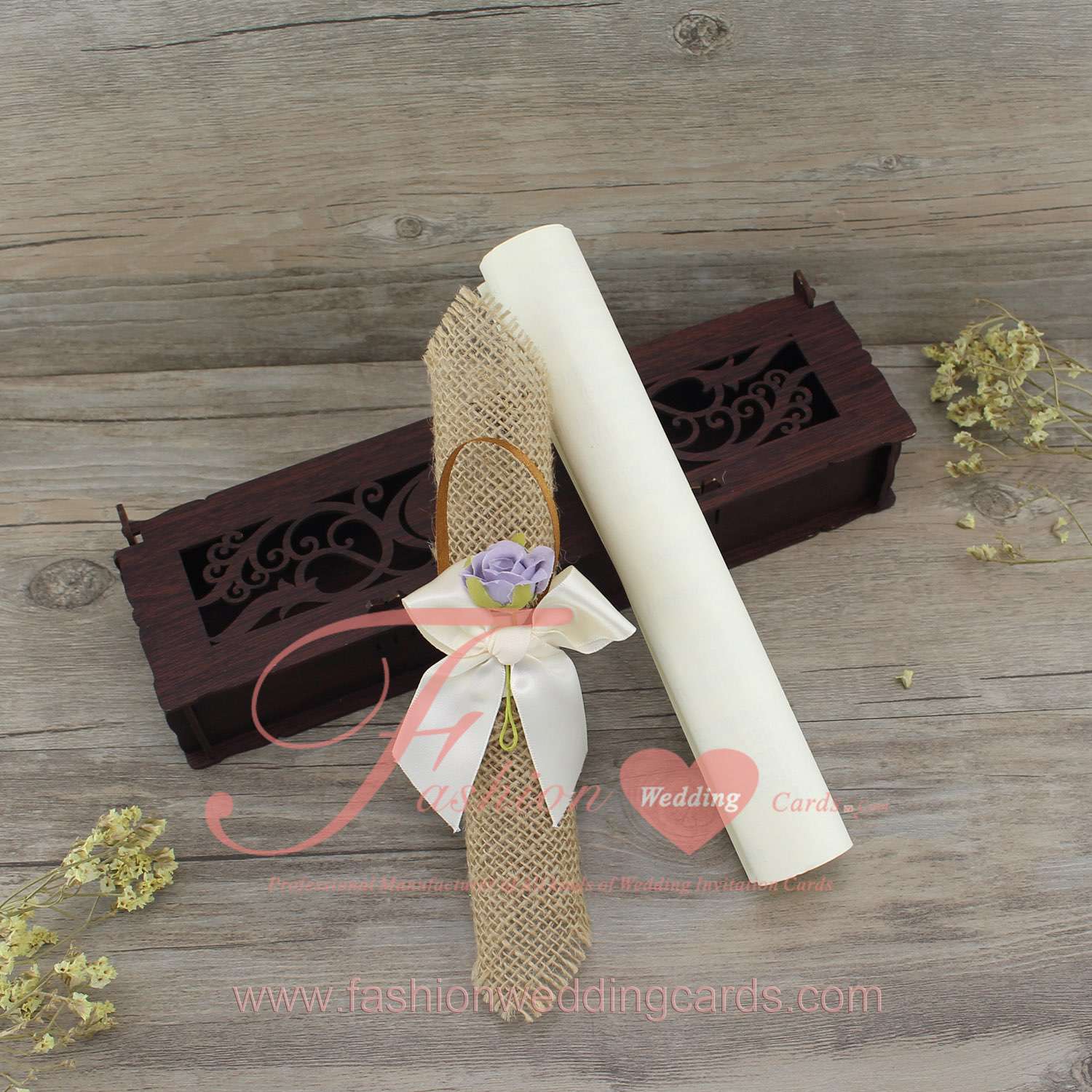 Hemp Design Scroll Wedding Invitation in a wood Box